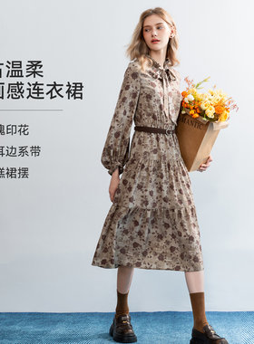 LAGOGO油画玫瑰印花复古连衣裙