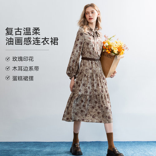 LAGOGO油画玫瑰印花复古连衣裙