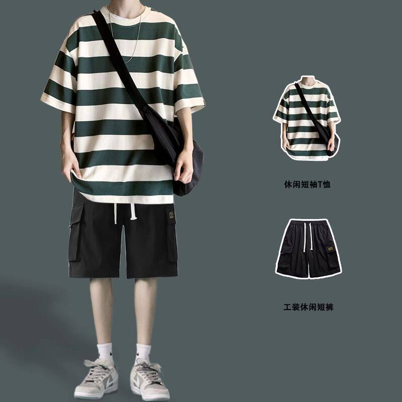 主推2025夏季新款青少年大码休闲男士大码工装短裤套装TZ1111-P36图片