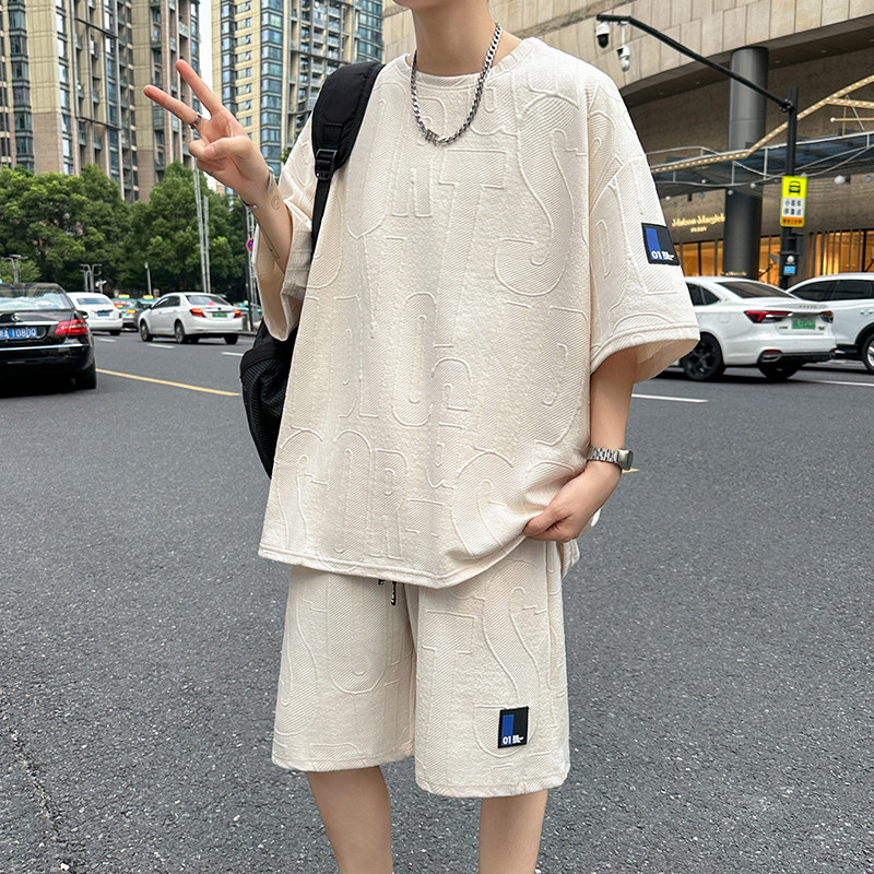 华夫格套装男2025夏季潮牌宽松休闲运动短袖短裤两件套男TZ30-P25图片