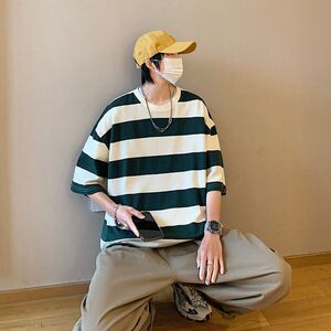 外贸跨境现货主推2025夏季新款男士休闲条纹五分袖T恤DT1111-P13图片