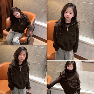 美妞之城 女童洋气加厚开衫毛衣外套高领大翻领中大童上衣 可亲子