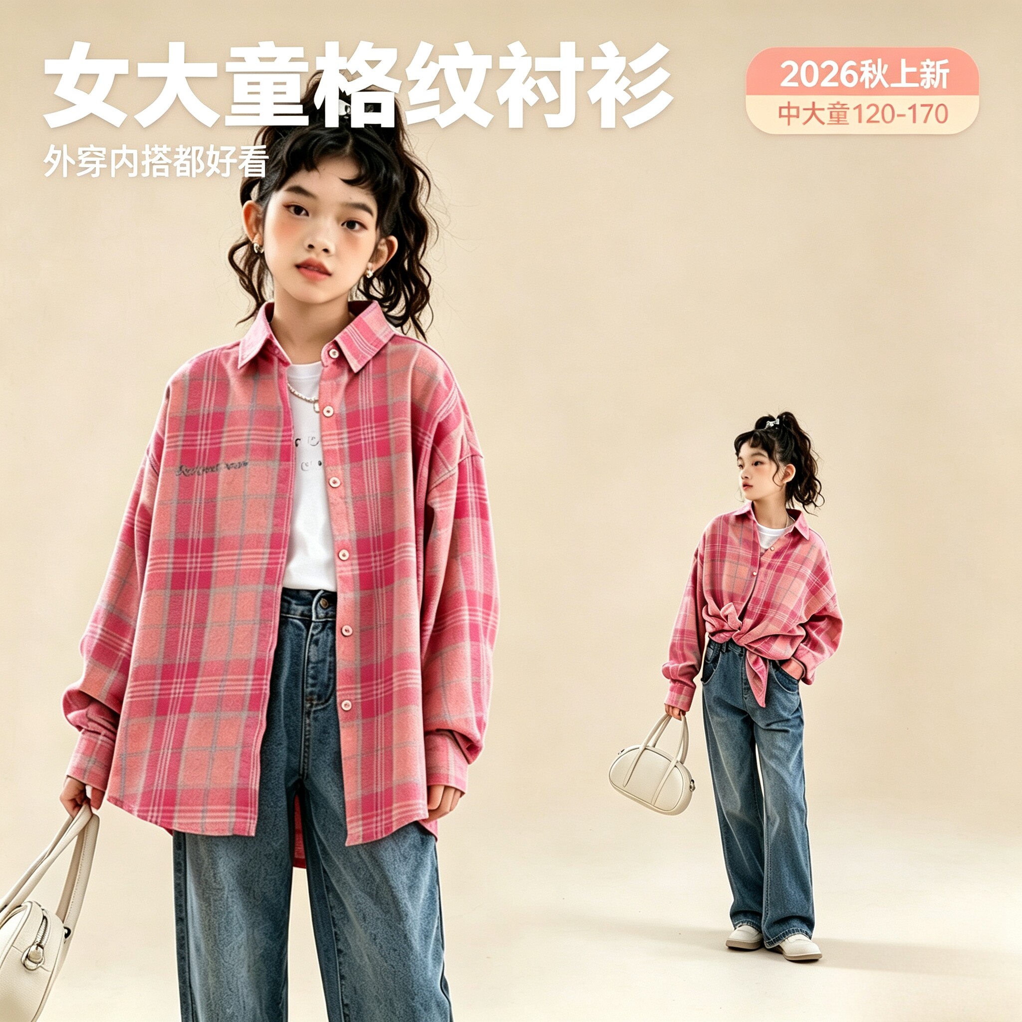 女童格子衬衫2026新款大童秋衬衫