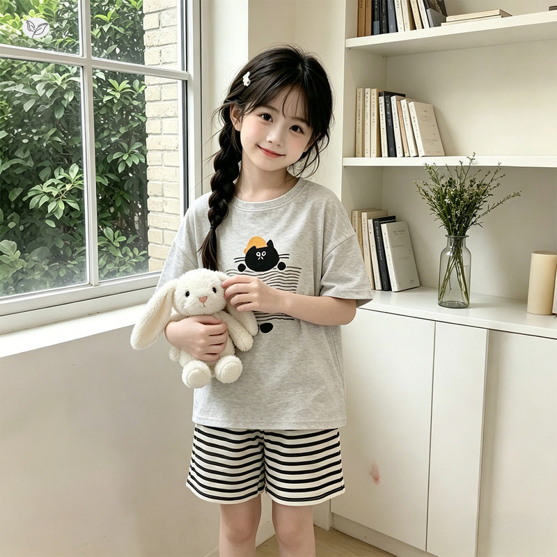 女童夏季薄款睡衣2026新款中大童卡通印花T恤条纹短裤可爱家居服