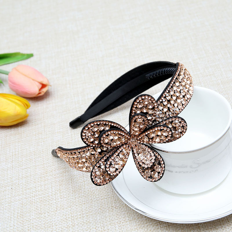 新女韩版细宽边水钻大花朵复古优雅防滑带齿发箍彩色紫罗兰香槟色