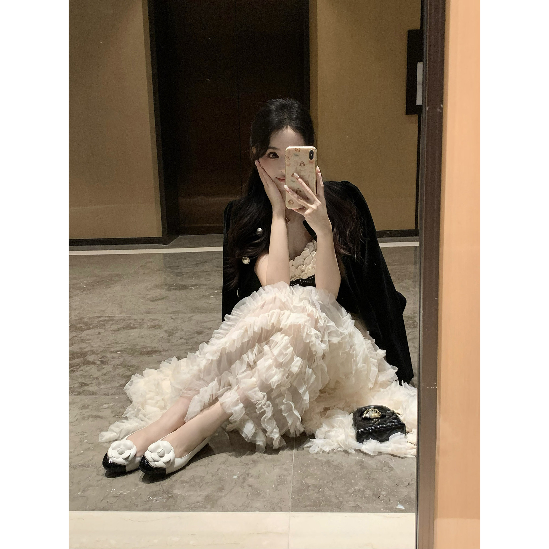 【benefanfan】 JUE版香香立体山茶花平跟皮底芭蕾舞