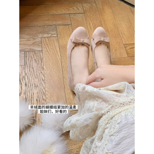 蝴蝶结内增高2cm羊绒面皮平底单鞋 benefanfan