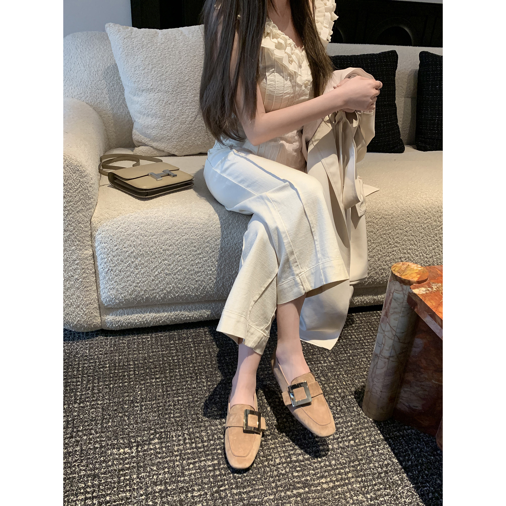 【benefanfan】钻扣乐福鞋真皮鞋底里外全皮经典方扣气质平底鞋