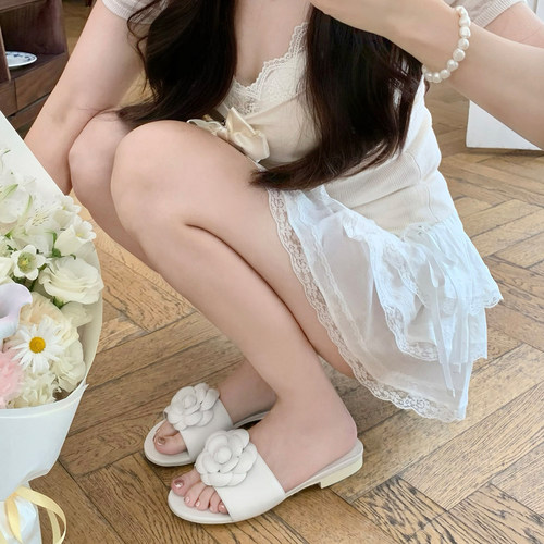 【benefanfan】大姐姐同款山茶花拖鞋里外全皮中跟凉鞋