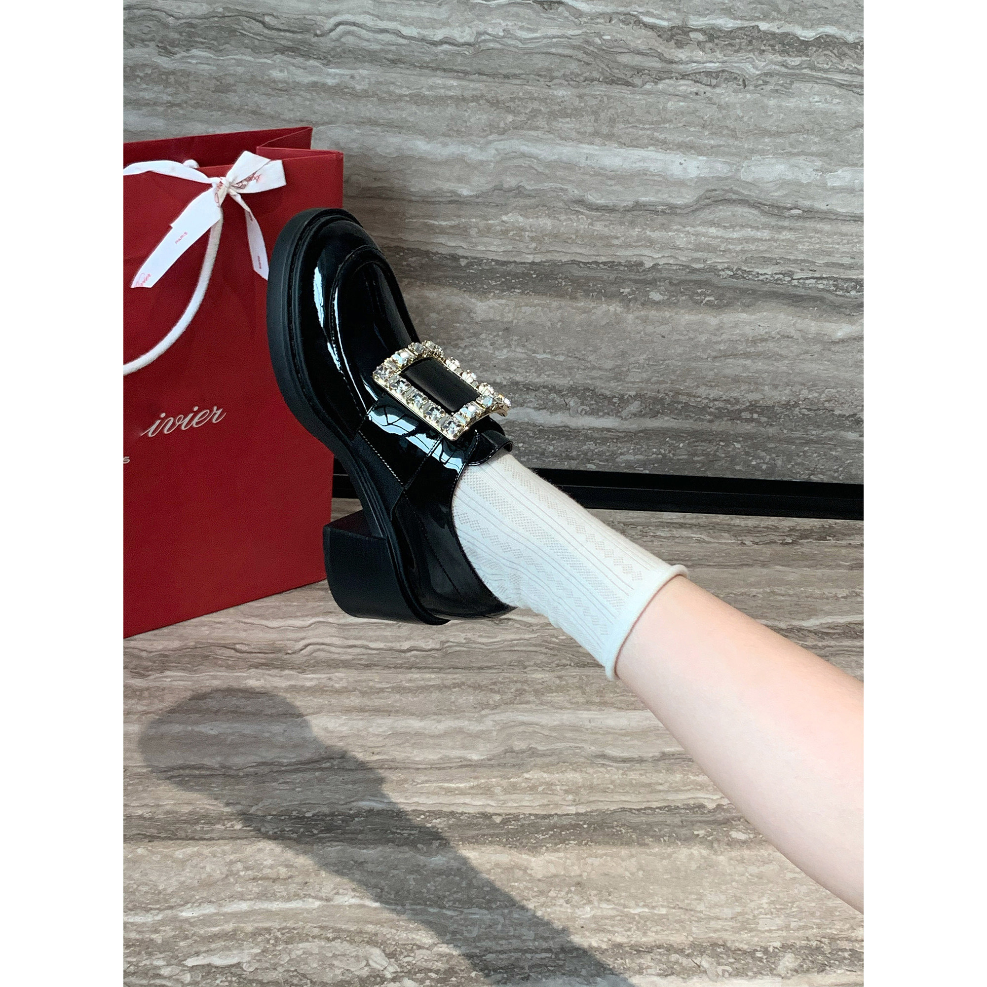 【benefanfan】英伦风粗跟切尔西弹力短靴水钻扣中跟漆皮乐福鞋女,女鞋,乐福鞋（豆豆鞋）,淘宝优惠券,粉丝福利购,淘宝优惠卷