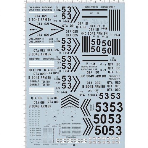 1981 1/16 M1A1 现代美军坦克战车标志 模型水贴纸 21*29CM A4