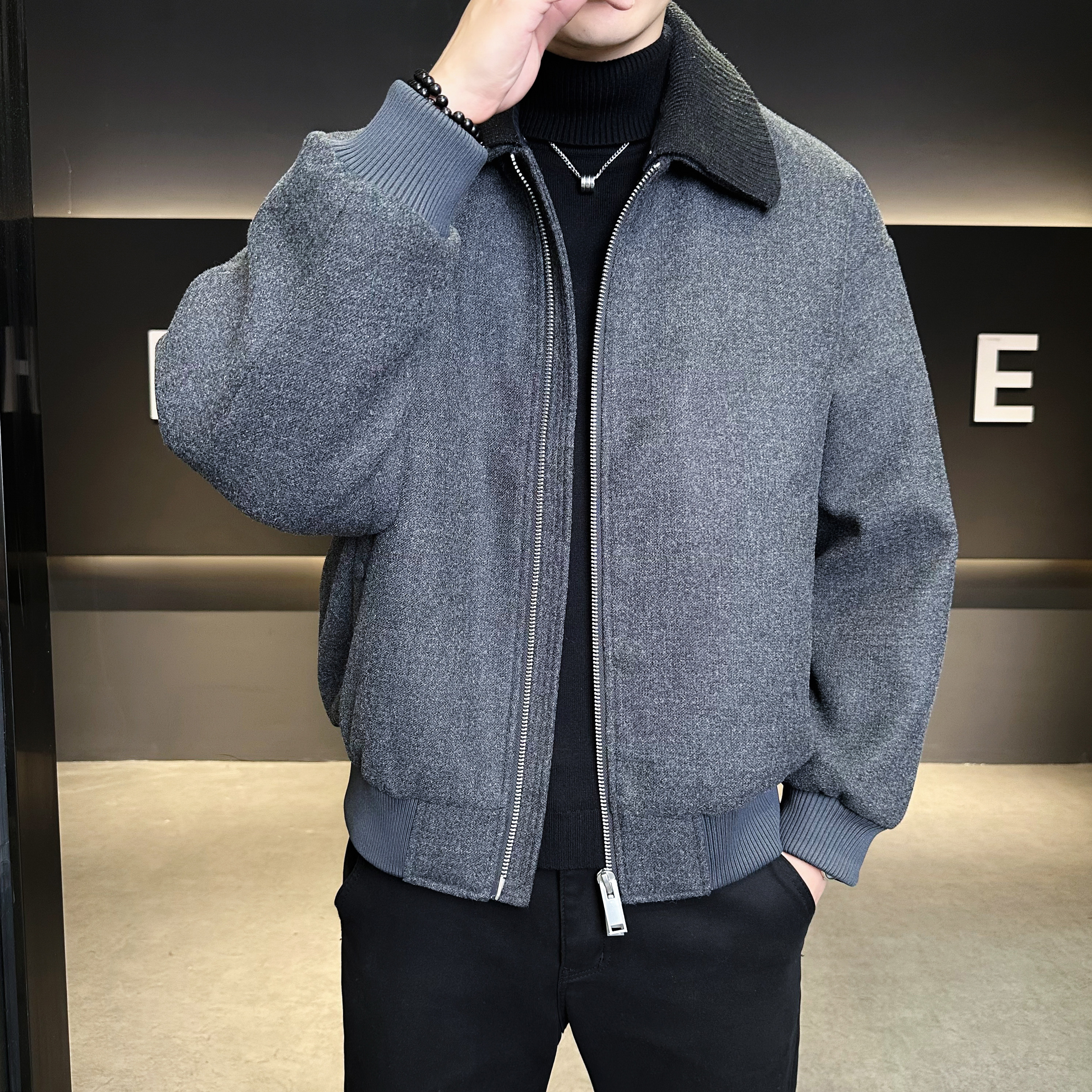 可脱卸毛线领呢子螺纹短款夹克羽绒服QT6016-25320P350控699,男装夹克,电商D203(原钱塘6011)