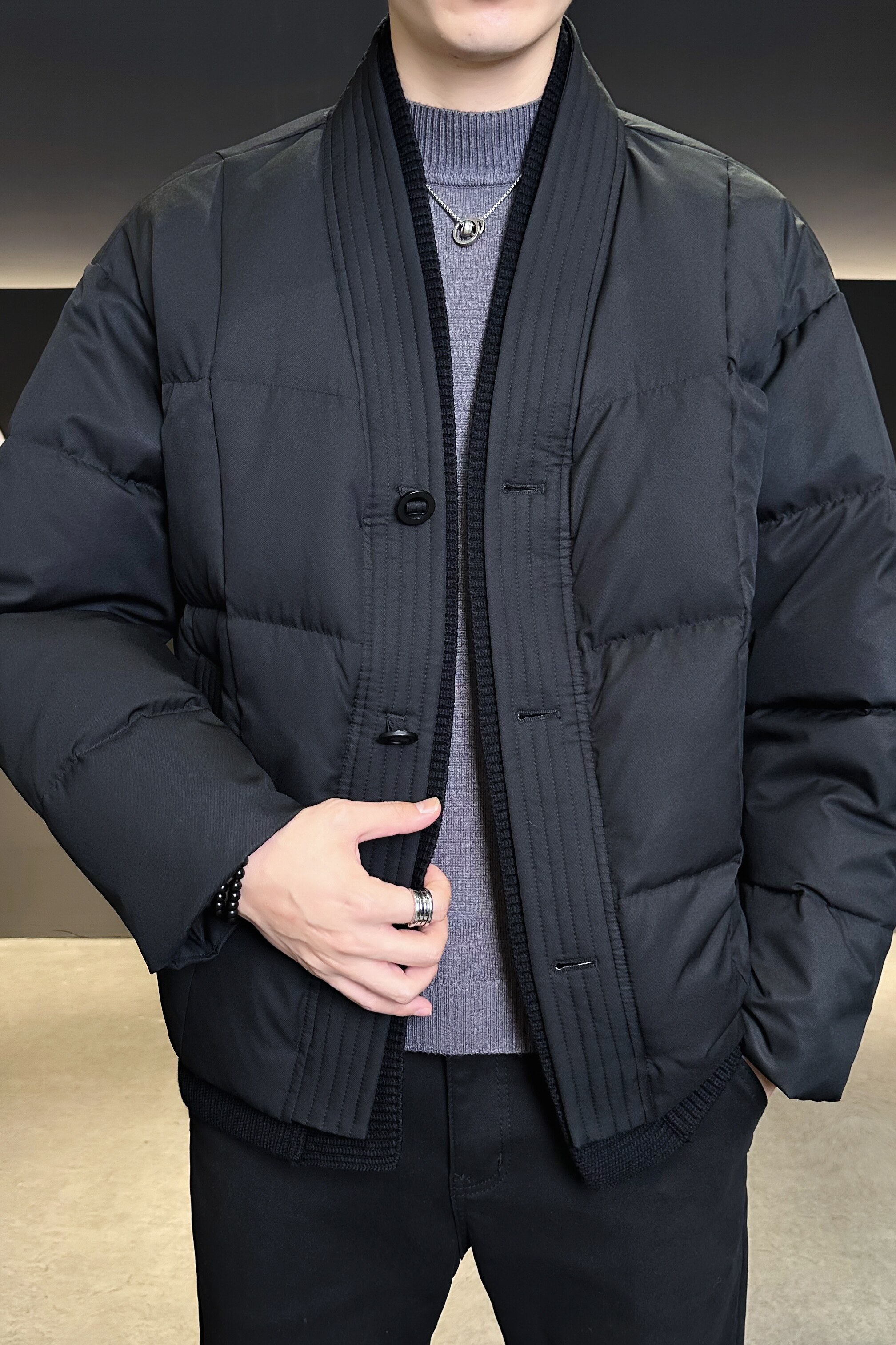 V领新中式羽绒服假两件毛线拼接加厚冬装QT6016-25118P400控699,男装羽绒服,电商D203(原钱塘6011)
