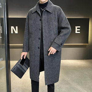 店主风混灰色毛呢大衣 衬衫领青年双面呢风衣68022P425控699图片