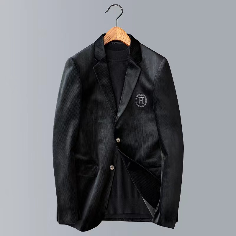 2025绣标西服男士修身韩版帅气单西金丝绒条绒便西黑色X26-p175，男装西服，电商D203(原钱塘6011)