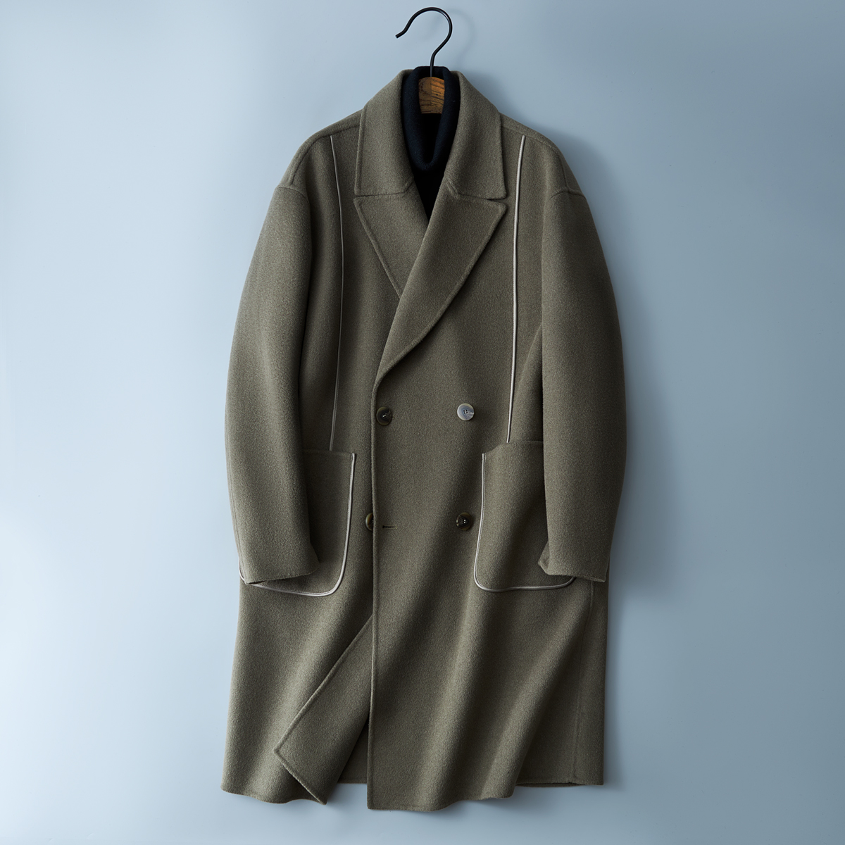 西装领双排扣中长款毛呢双面呢灰绿色D203-2213P370控599，男装西服套装，电商D203(原钱塘6011)