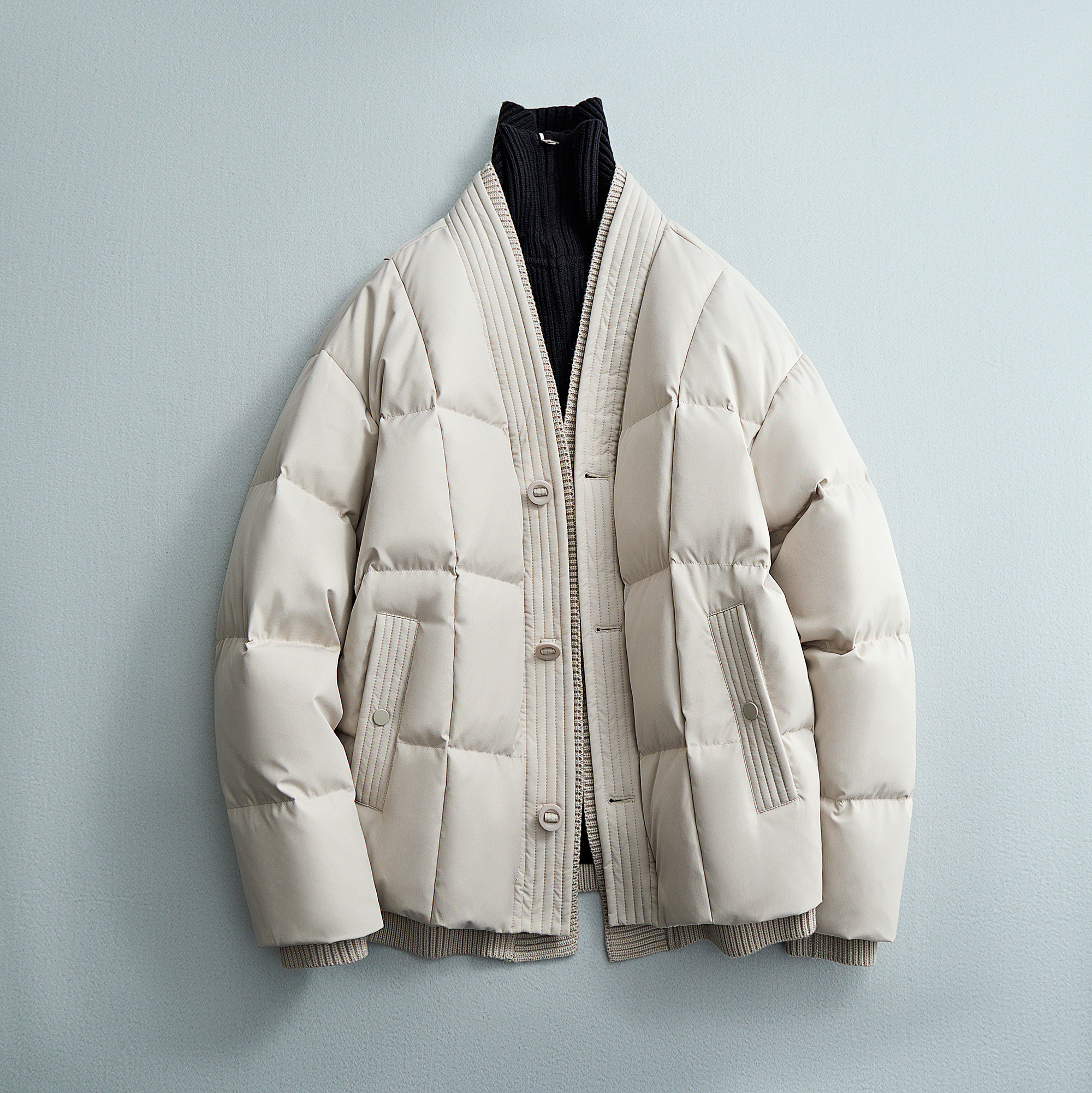 日常外穿羽绒服假两件毛线拼接三色外套QT6016-25118P400控699，男装羽绒服，电商D203(原钱塘6011)