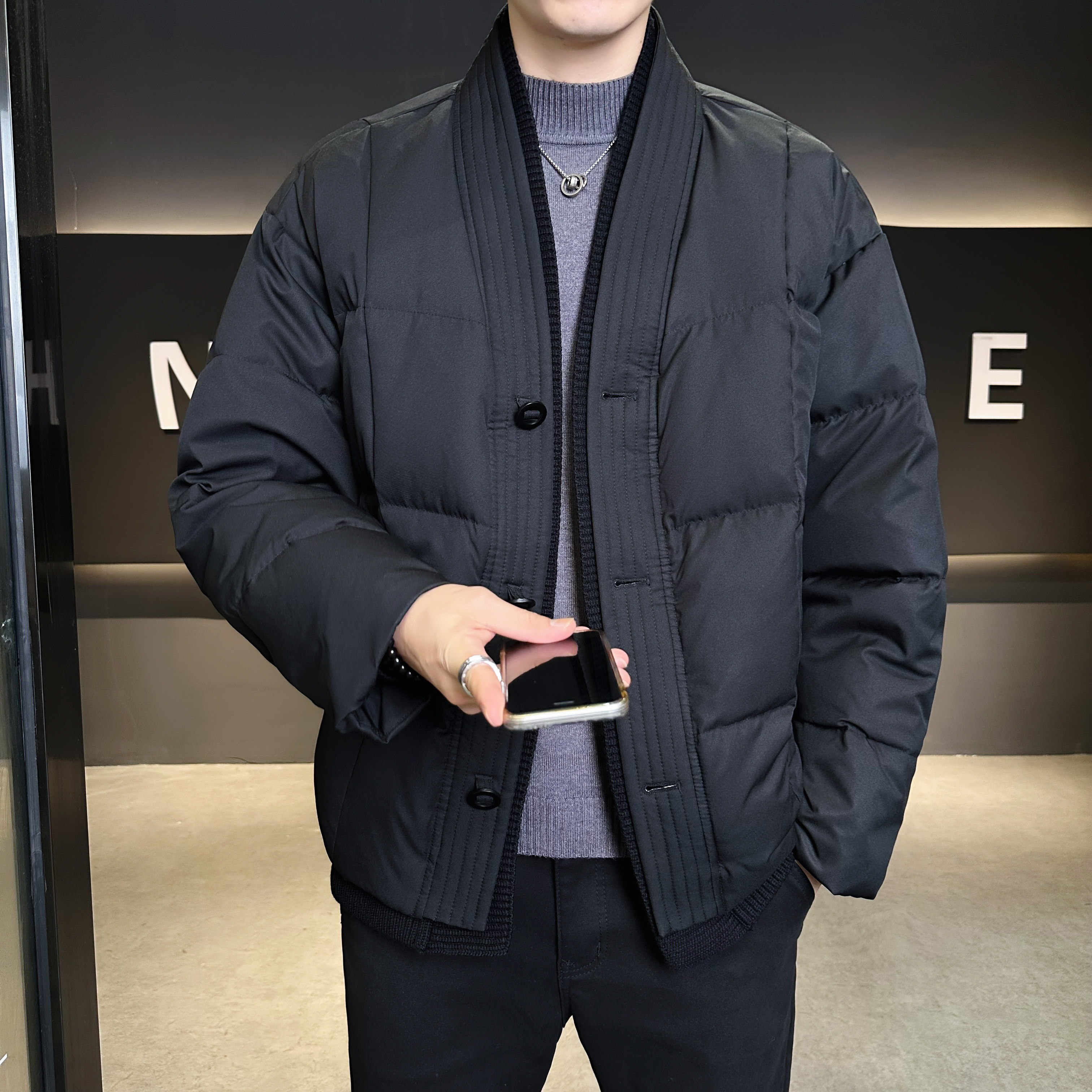 V领新中式羽绒服假两件毛线拼接加厚冬装QT6016-25118P400控699,男装羽绒服,电商D203(原钱塘6011)