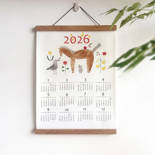 2026年马年日历挂轴画装 柚木挂轴杆油画布阴历挂历 饰画咖啡馆日式