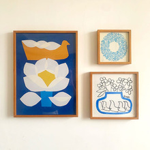 抽象花鸟照片墙客厅蓝色系插画组合画实木日式 餐厅实木有框画壁画