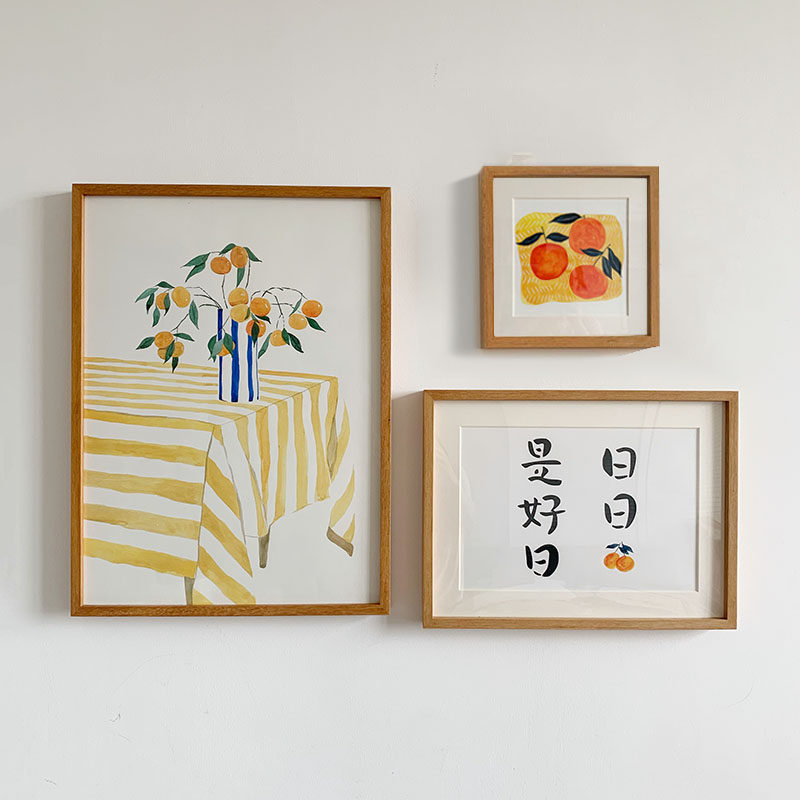 原木风橙子花照片墙日日是好日组合画实木挂钟餐厅有框画客厅壁画
