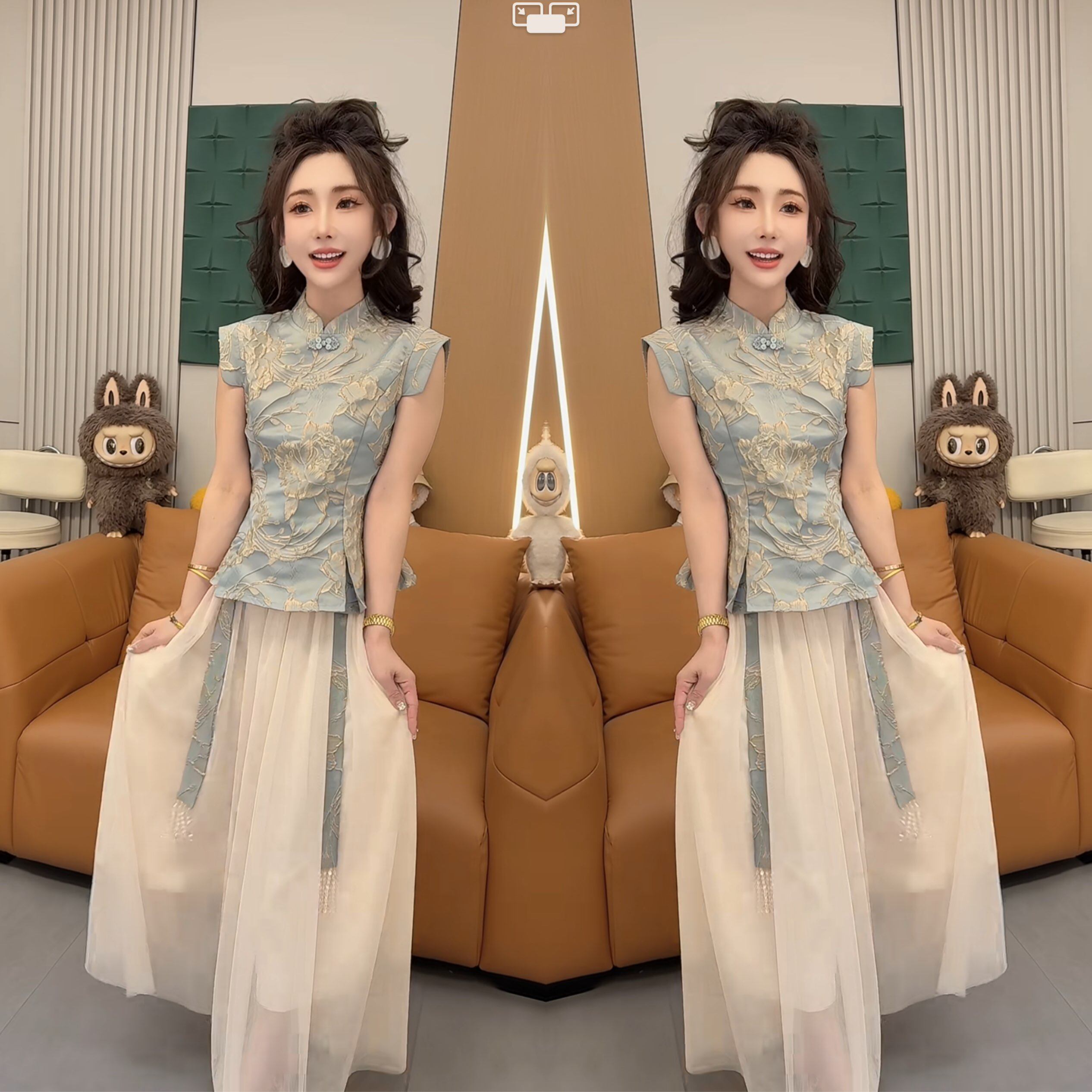 新中式复古国风优雅精致时髦洋气修身气质中提花上衣搭配半身裙潮