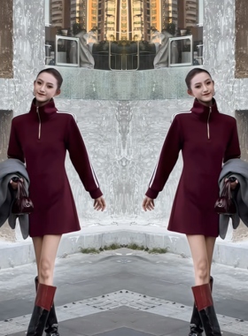 美式复古轻奢休闲运动减龄风酒红色高定垂感条纹卫衣连衣裙2025潮