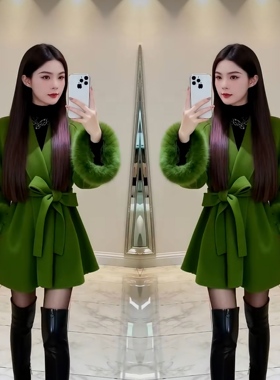 高冷淑女气质绿色高贵礼服垂感系带2025冬季网红爆款风衣外套穿搭