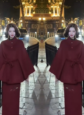 网红冬季轻奢红色高级感御姐成熟名媛风喜庆系带外套搭配半身裙潮