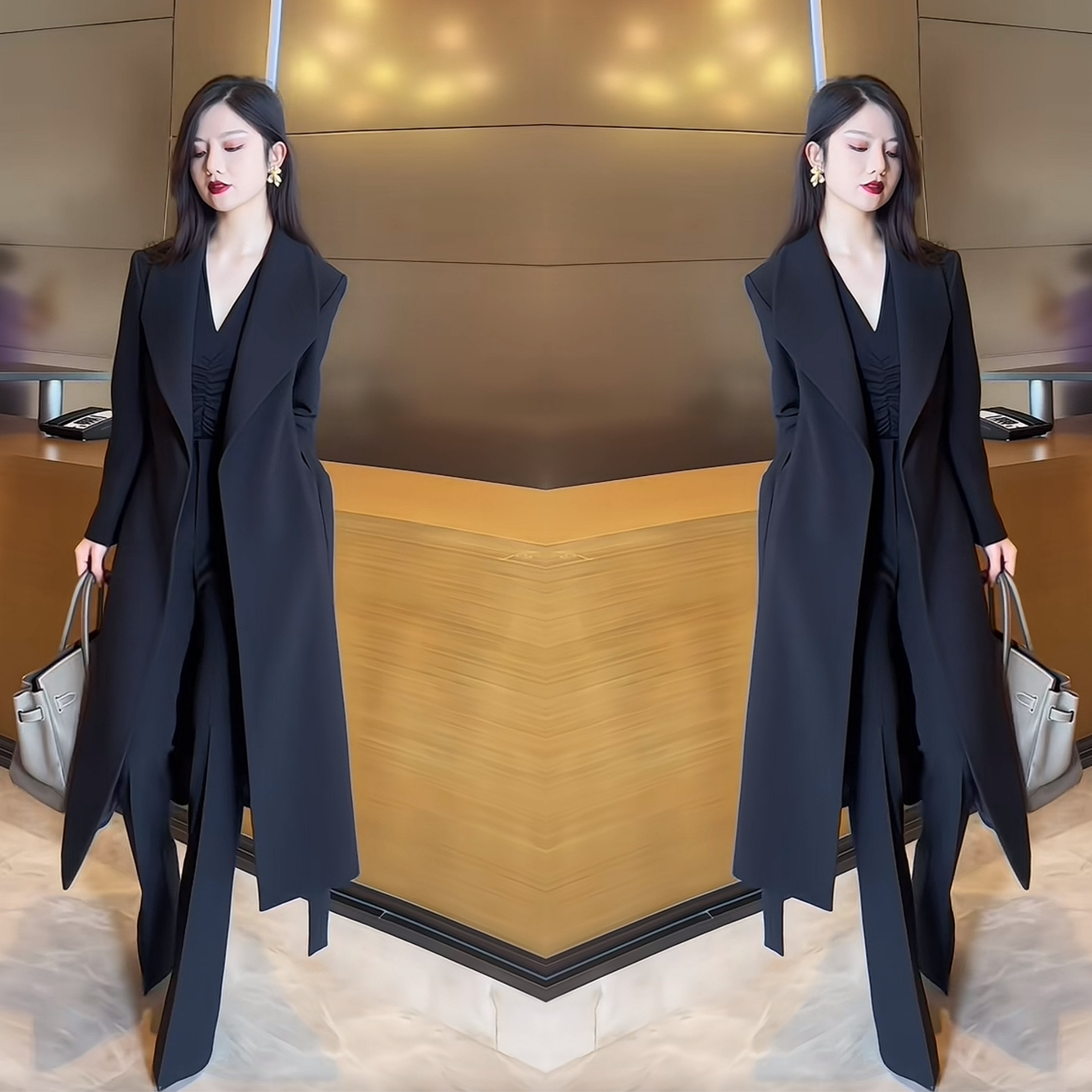 长款系带显瘦女装两件套外套裤子
