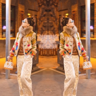 女 提花刺绣勾花工艺毛边棉服洋气毛领垂感收腰直筒裤 网红冬季 爆款