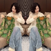 潮 国潮风2026轻奢打底衫 网红爆款 绿色典雅勾花工艺洋气减龄新中式