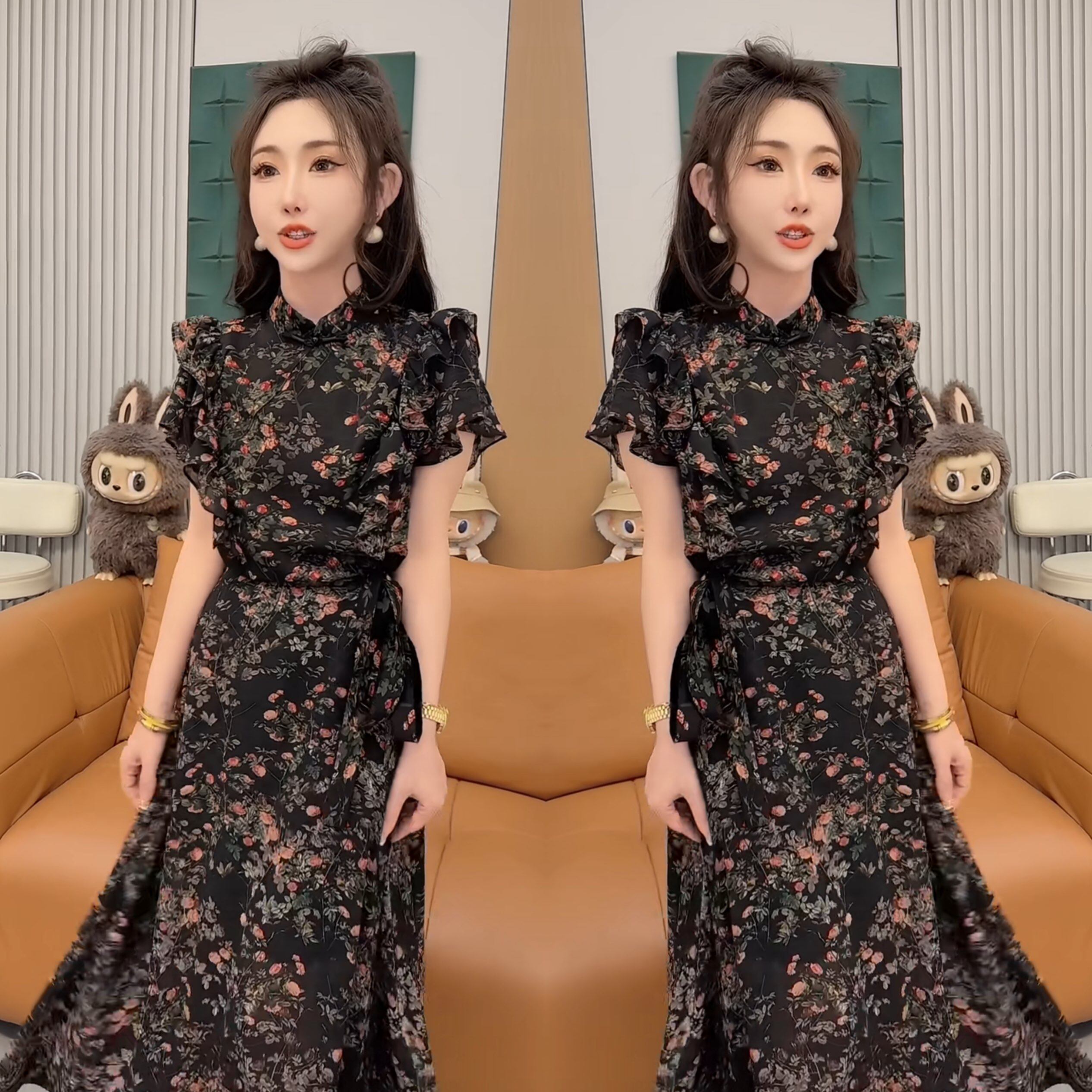 法式高级感夏季新款碎花木耳边宽松遮肉韩版上衣搭配系带半身裙潮