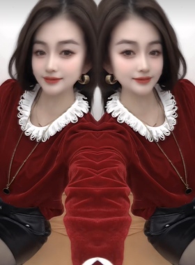 网红爆款红色喜庆洋气长袖丝绒白色花边圣诞俏皮新款打底衫名媛风