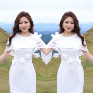 2026春季网红爆款白色优雅气质淑女白月光温柔披肩中长款连衣裙女