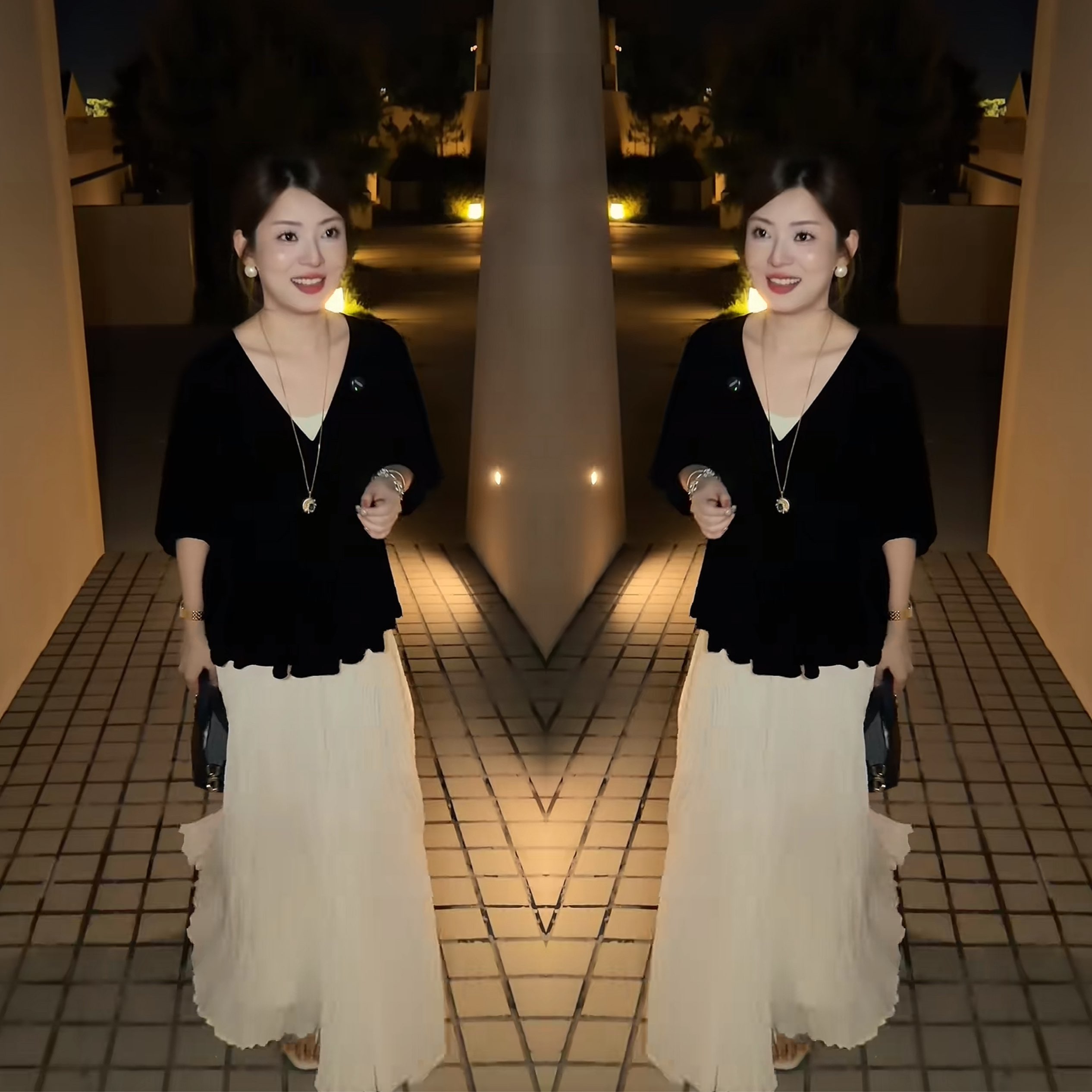 减龄女神黑色上衣搭配高腰半身裙