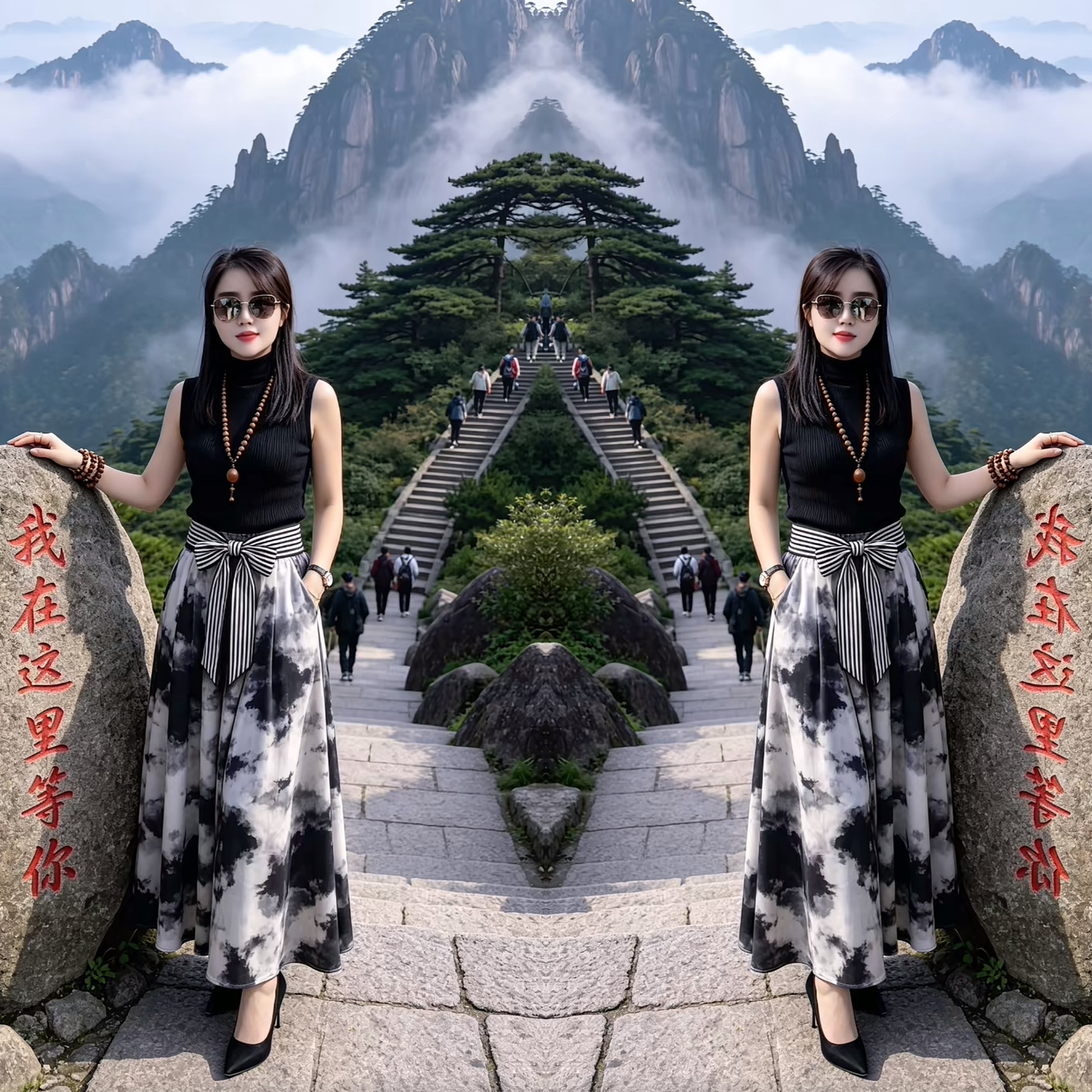 黑色高领上衣搭配半身裙两件套
