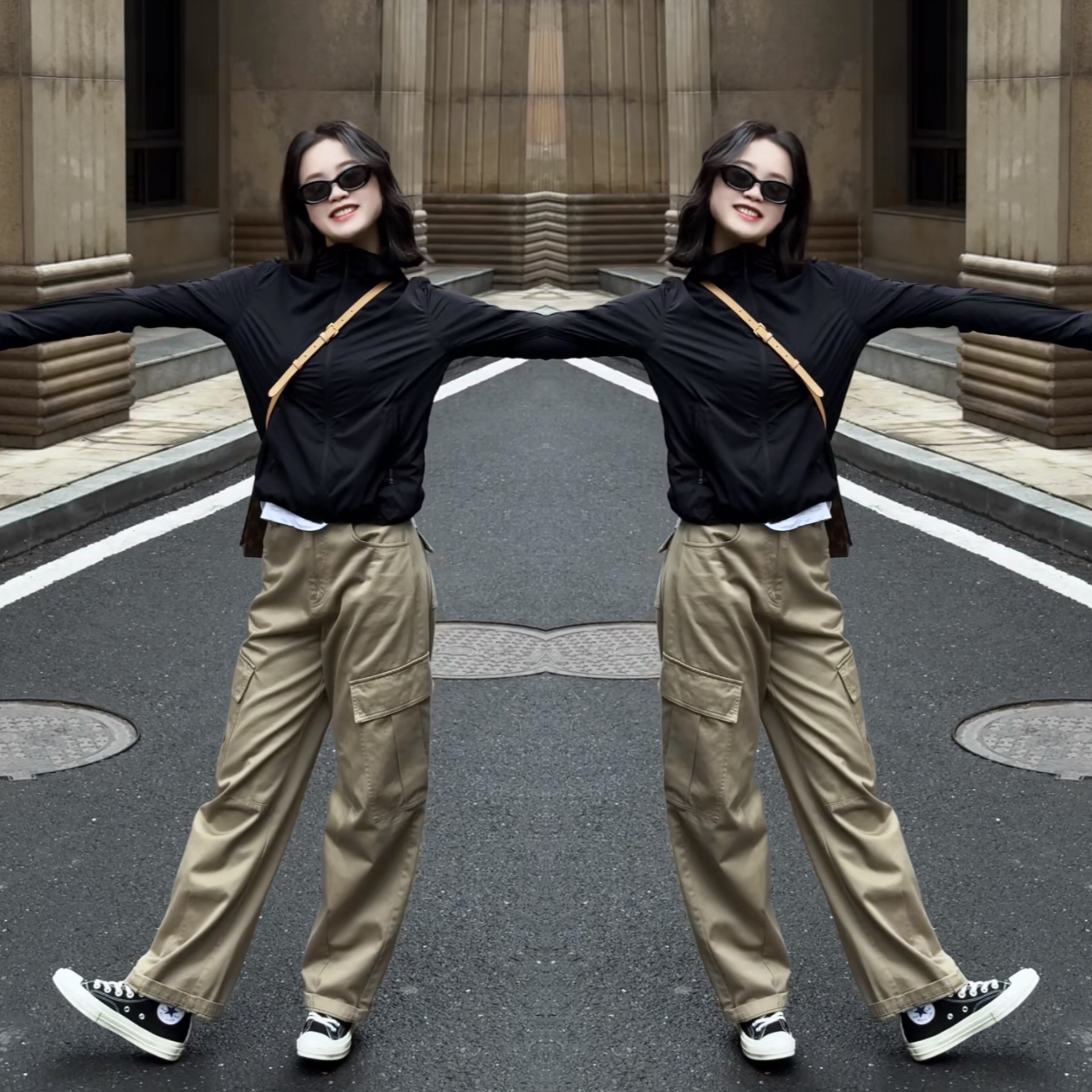 新款女装2026春季网红爆款洋气运动黑色百搭外套卡其色工装裤穿搭