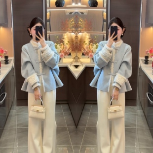 2026轻奢网红爆款蓝色清新脱俗新中式盘扣温柔淑女高定外套国潮风