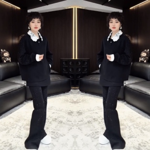 韩系潮流黑色高冷酷飒气质洋气上衣搭配垂感镶嵌裙裤两件套名媛风