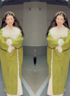 网红冬季爆款炸街绿色知性保暖毛毛垂感开衫翻领过膝轻奢风衣外套