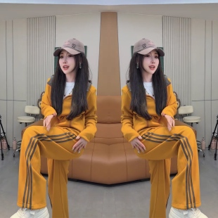 2026美式橘黄色气质休闲运动减龄俏皮长袖外套搭配高腰垂感直筒裤