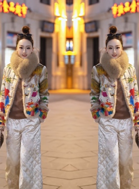 2025冬网红爆款开衫提花刺绣盘扣短款棉服+围脖搭配白色收腰长裤