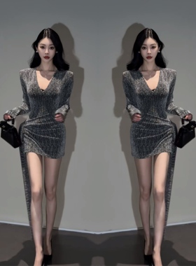 网红冬季爆款成熟女人味性感御姐轻奢银灰色辣妹包臀连衣裙礼服潮