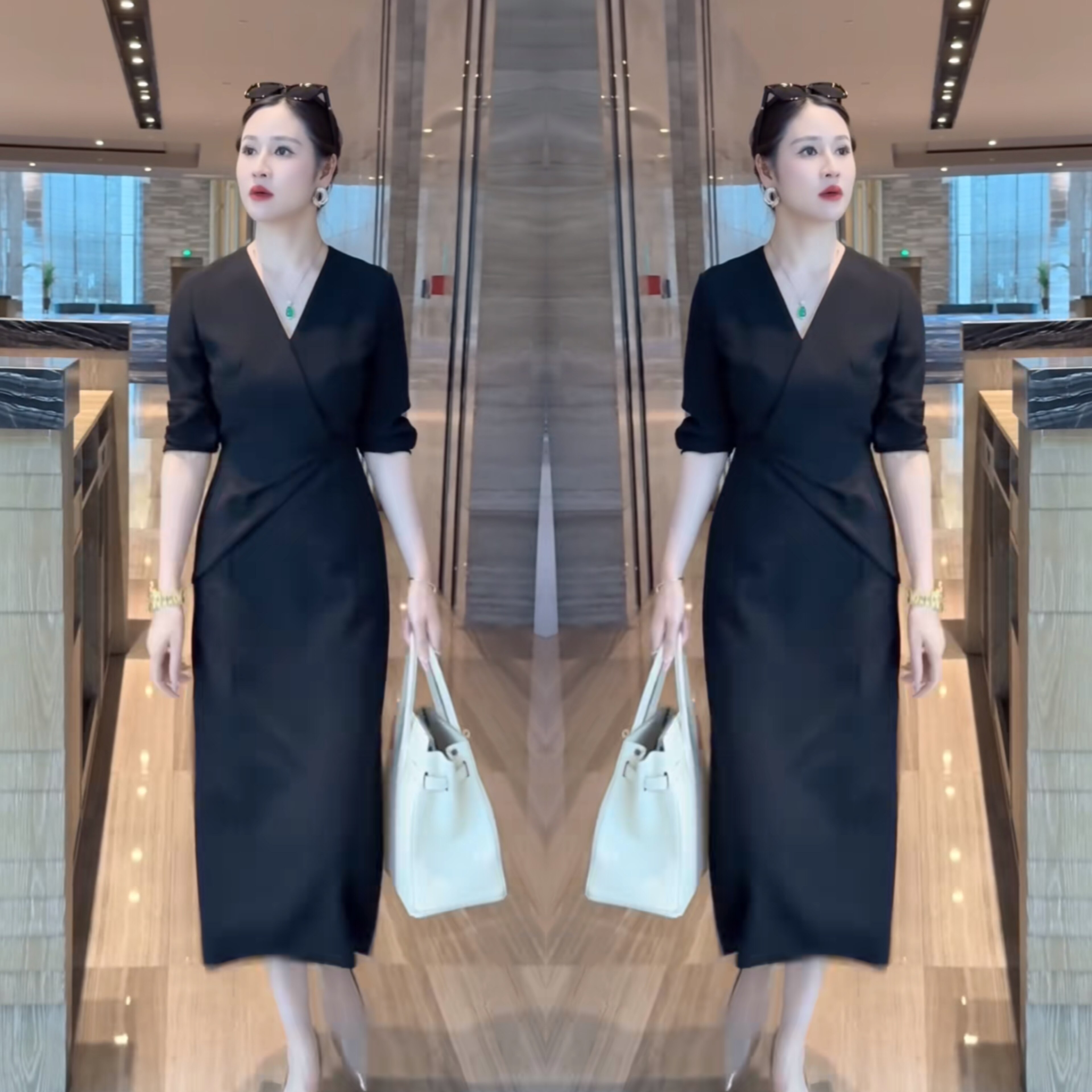 显瘦垂感过膝名媛范连衣裙女装