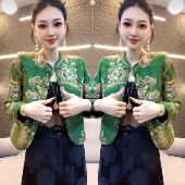 国风网红爆款 2026轻奢绿色花纹复古知性短款 盘扣精致新中式 外套潮