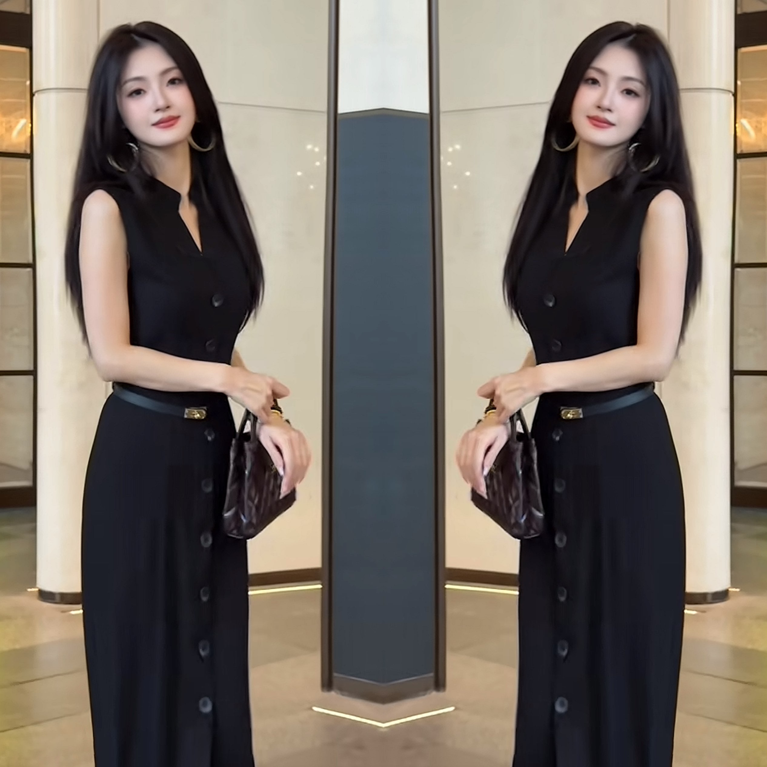 黑色长款修身无袖单排扣连衣裙女