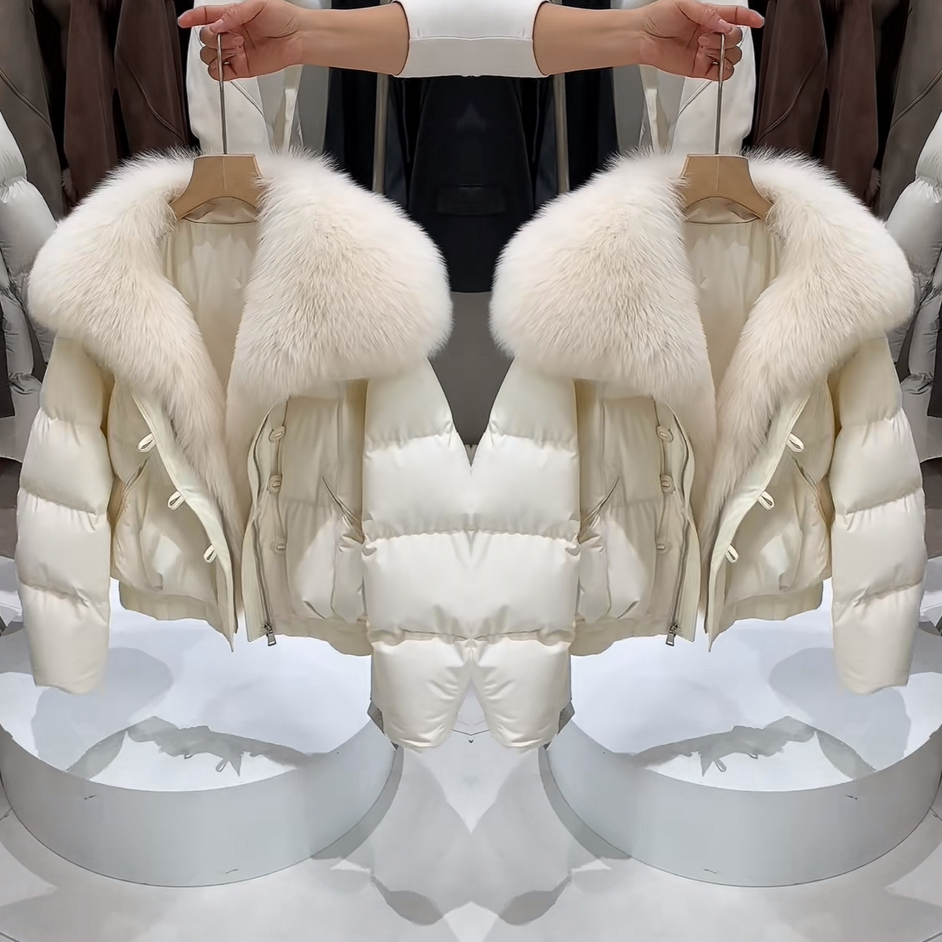 欧洲站女爆款炸街白色干净清新脱俗百搭长袖毛毛领宽松遮肉棉服潮