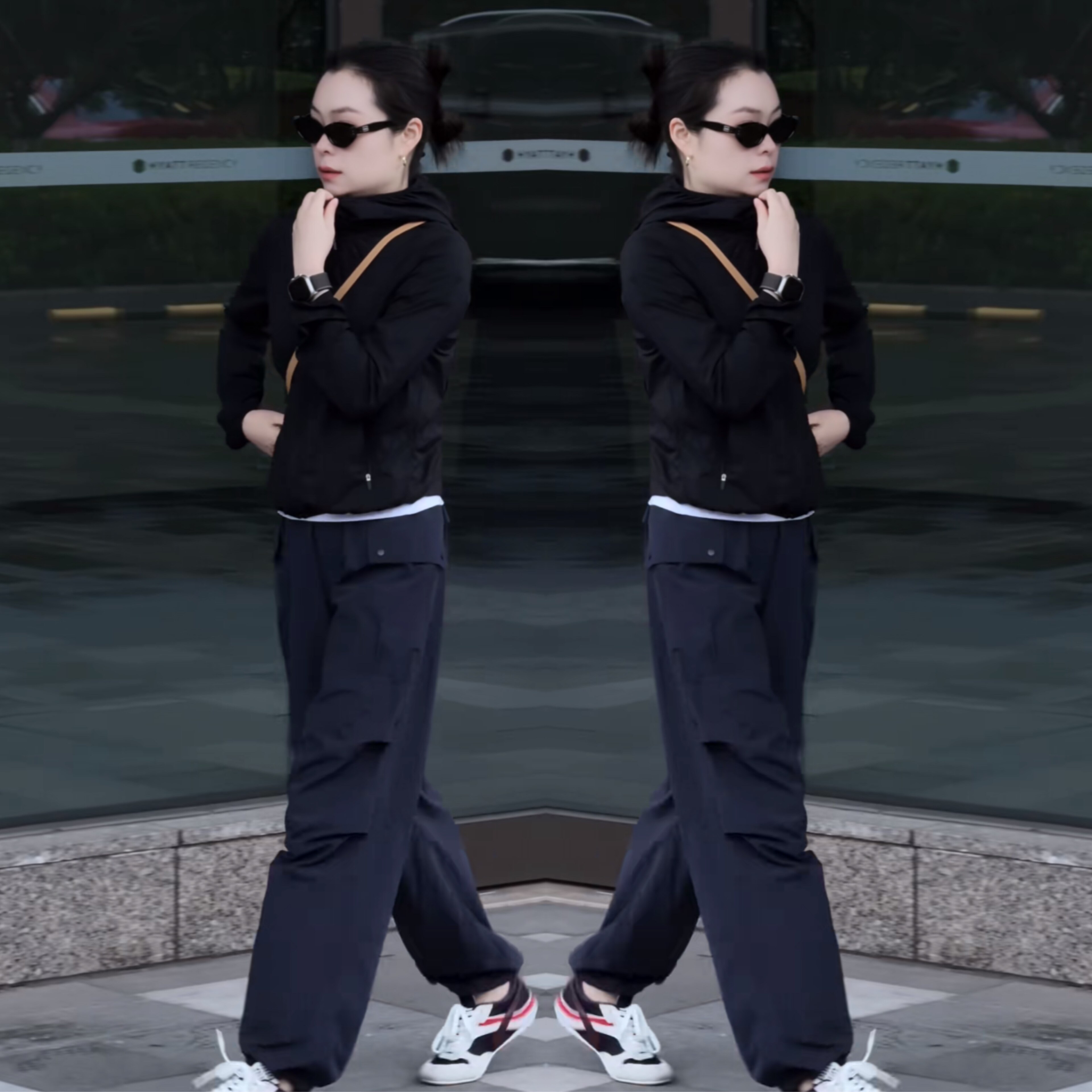 2026春季休闲运动风黑色连帽外套高腰百搭工装直筒裤网红爆款女装