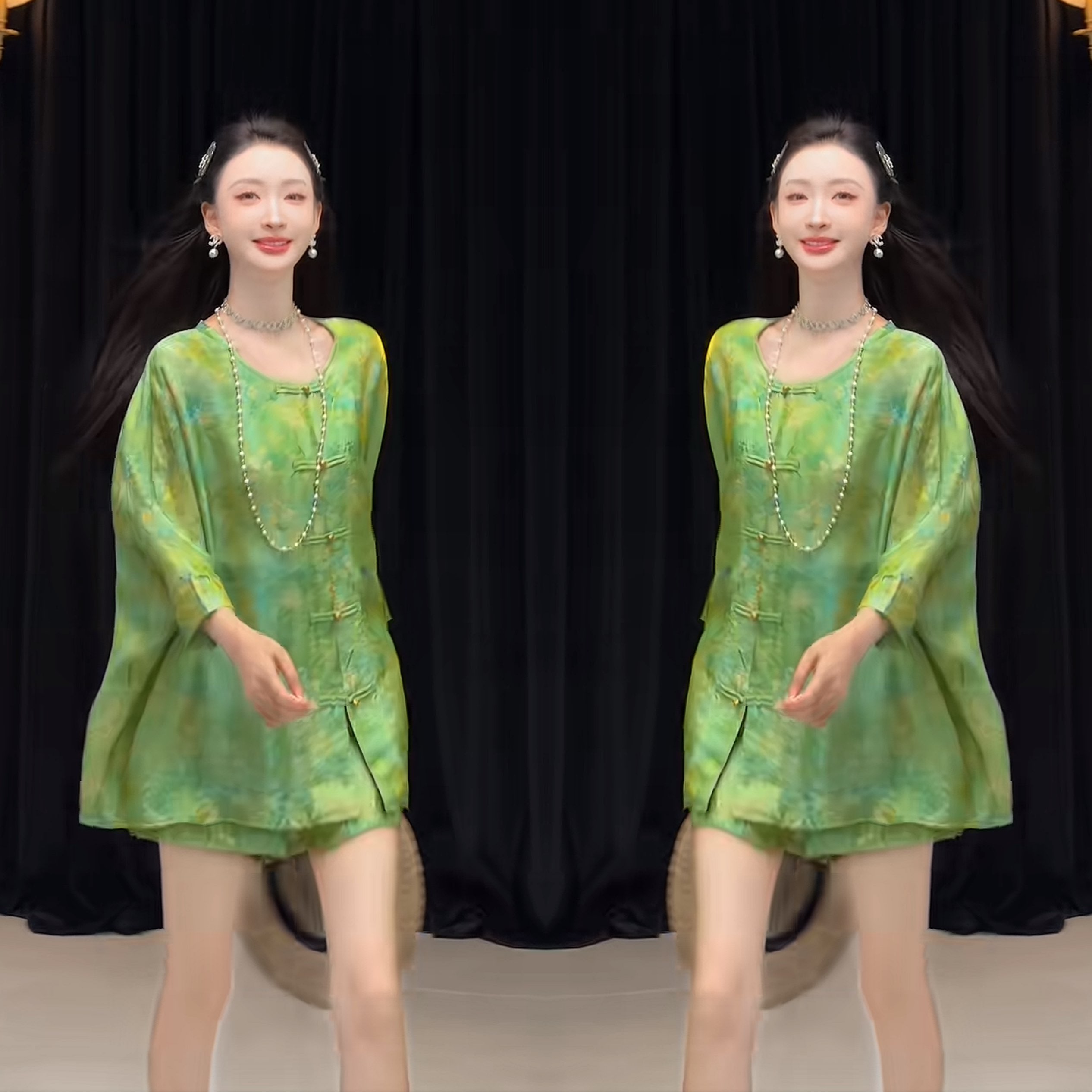 绿色印花复古女装两件套上衣短裤